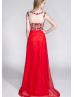 Sheer Tulle Beaded Lace Long Chiffon Prom Dress